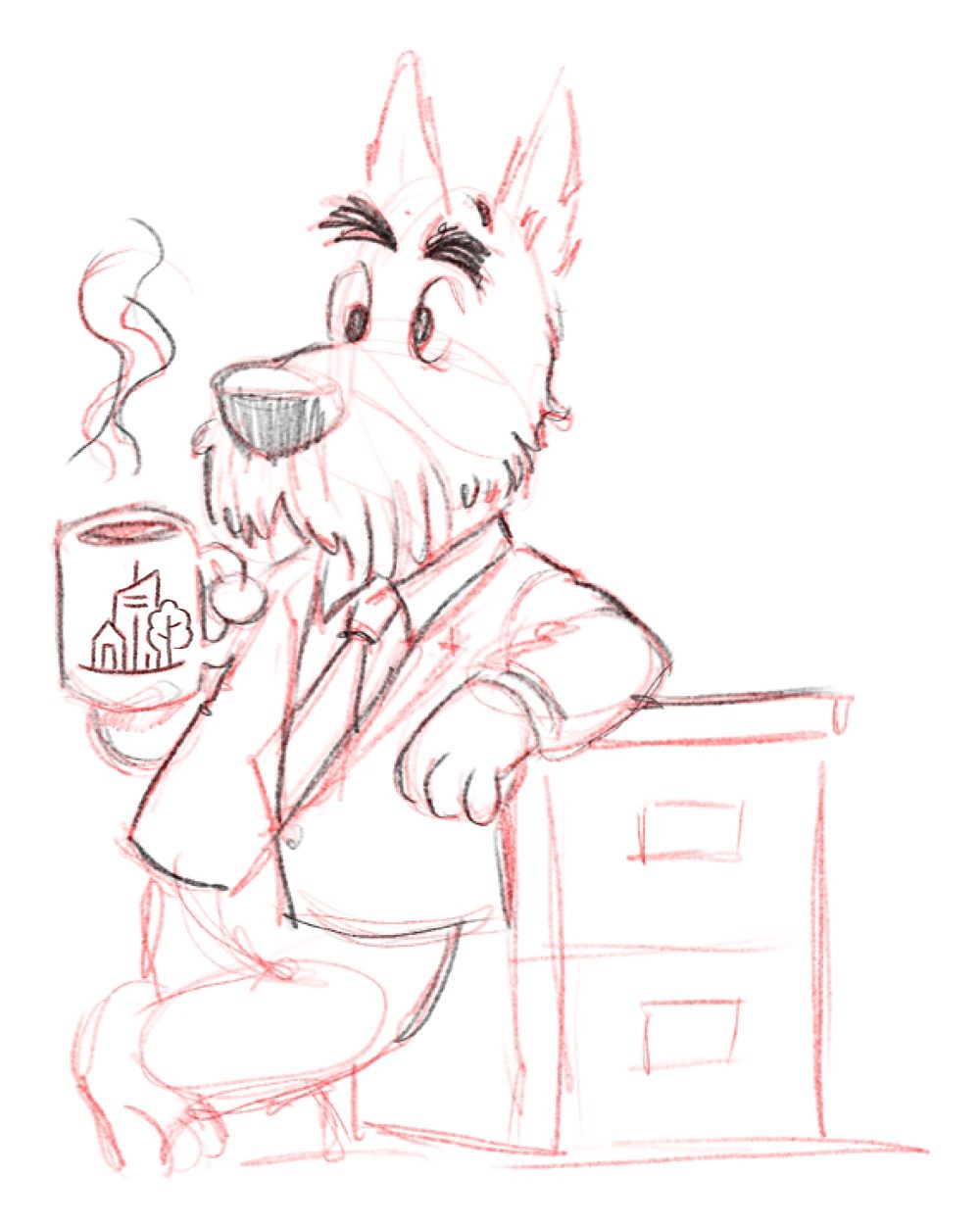Sketch of a bearded dog in a suit and tie, leaning on a filing cabinet with a steaming mug of coffee
